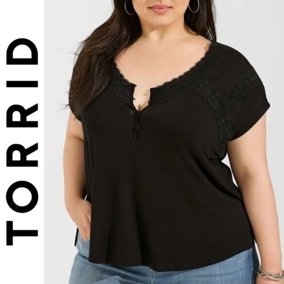 torrid Tops - TORRID Super Soft Jersey Dolman Henley Lace Trip Top, Black, Lightweight, 3,
